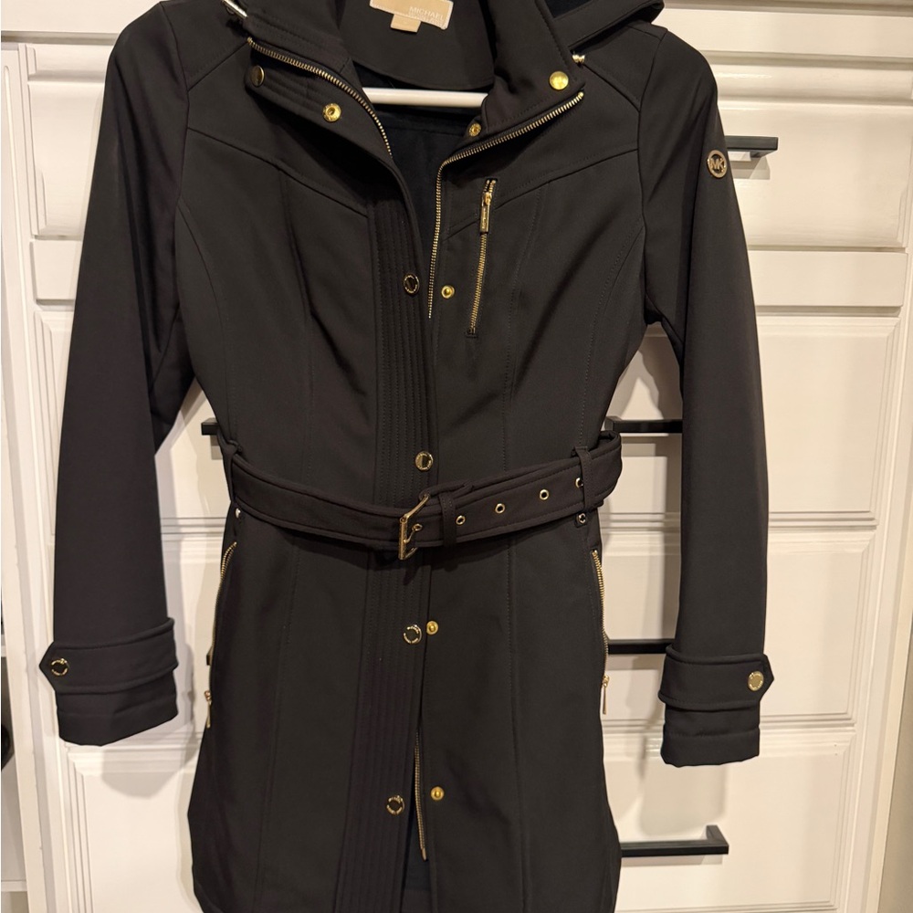 MICHAEL Michael Kors Black Trench Coat with Gold Accents